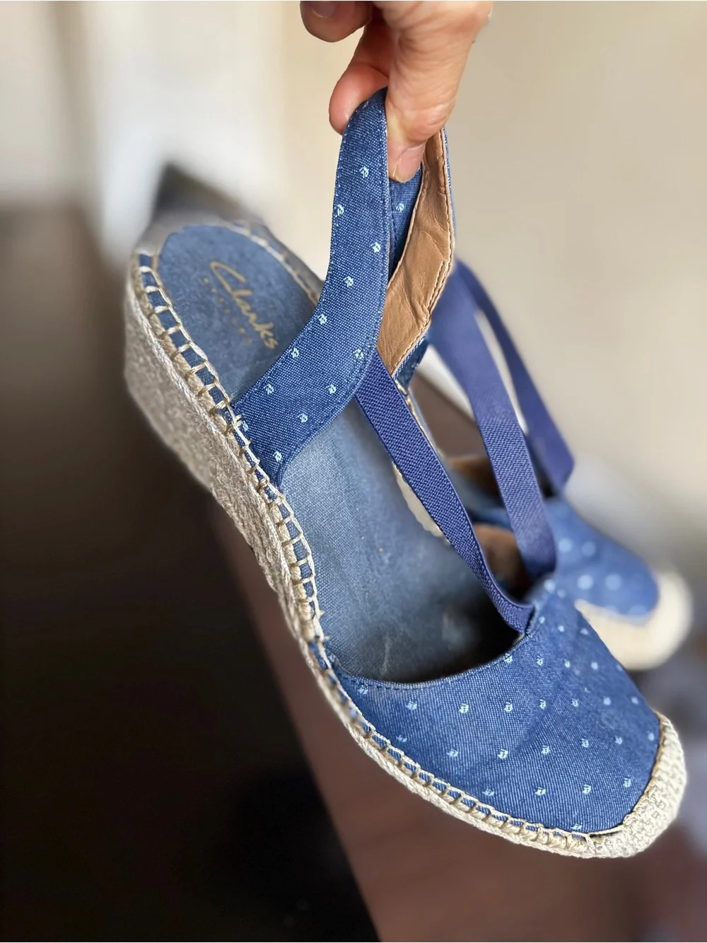 Clarks Navy Espadrille Slingback Flats with Tiny Dot Print